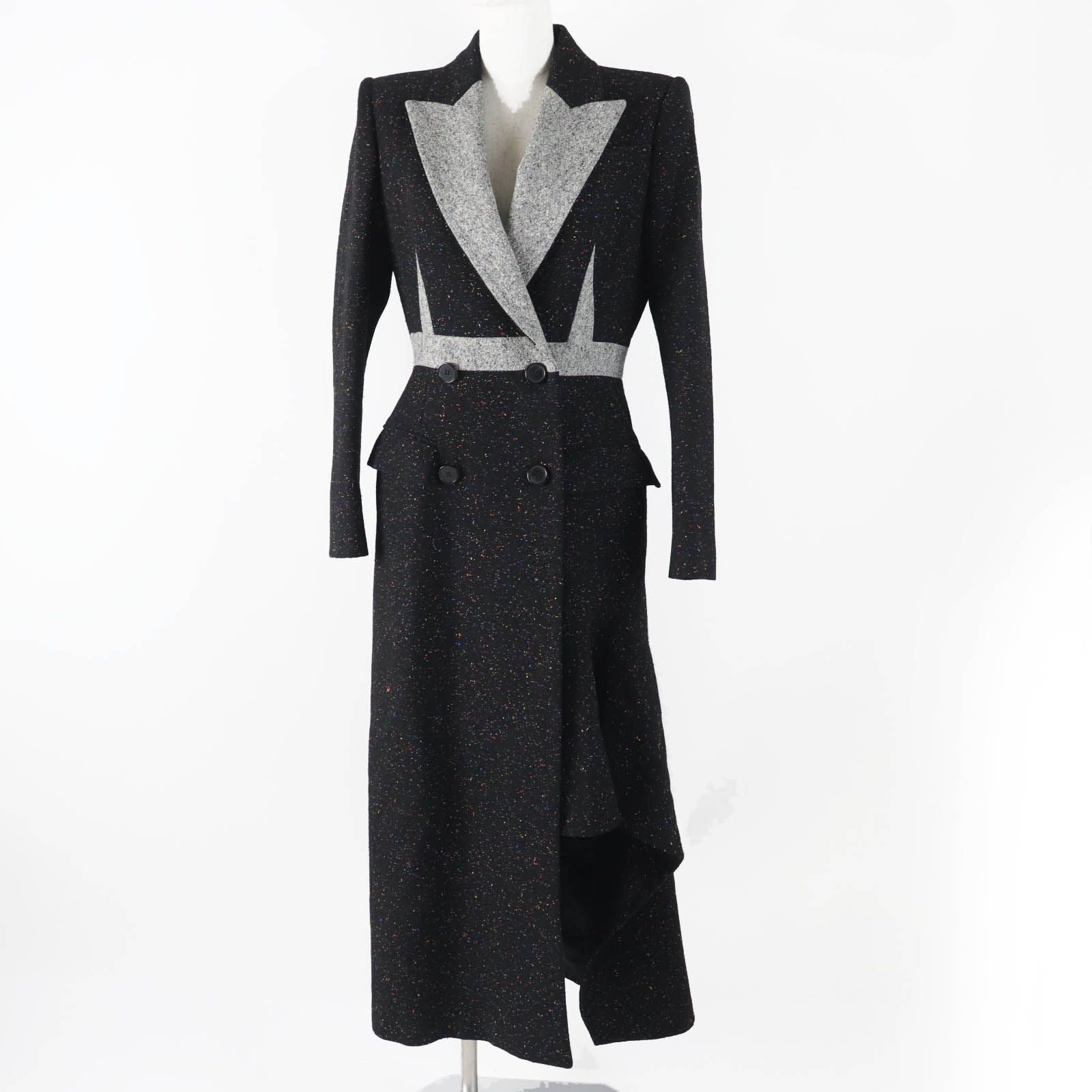 Alexander McQueen 20AW Asymmetric Long Tweed Coat Black Size 40