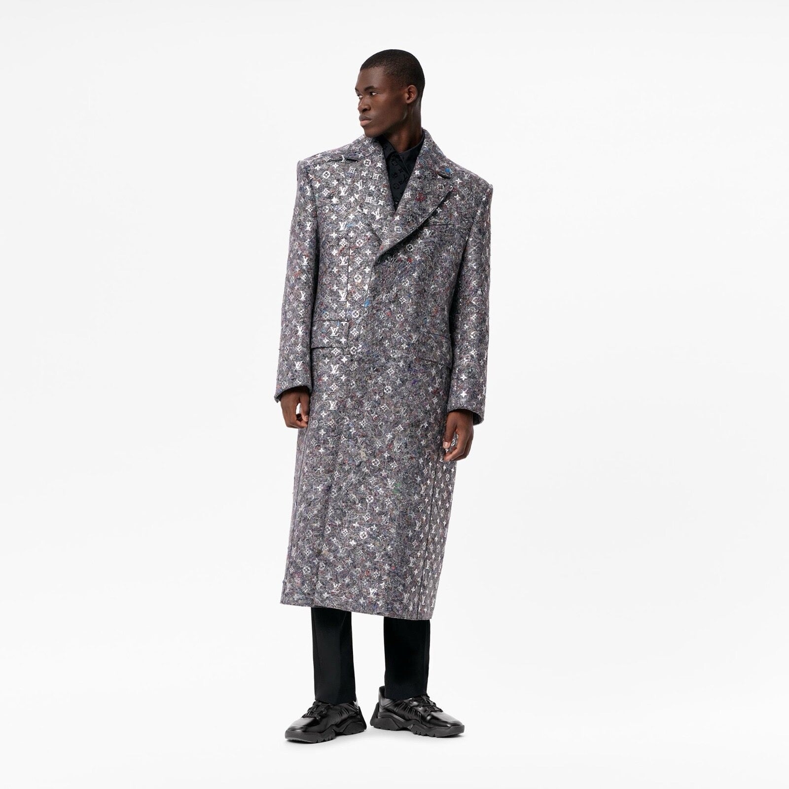 LOUIS VUITTON Virgil Abloh Silver Monogram Felt SB Coat Grey Size 48 (L)