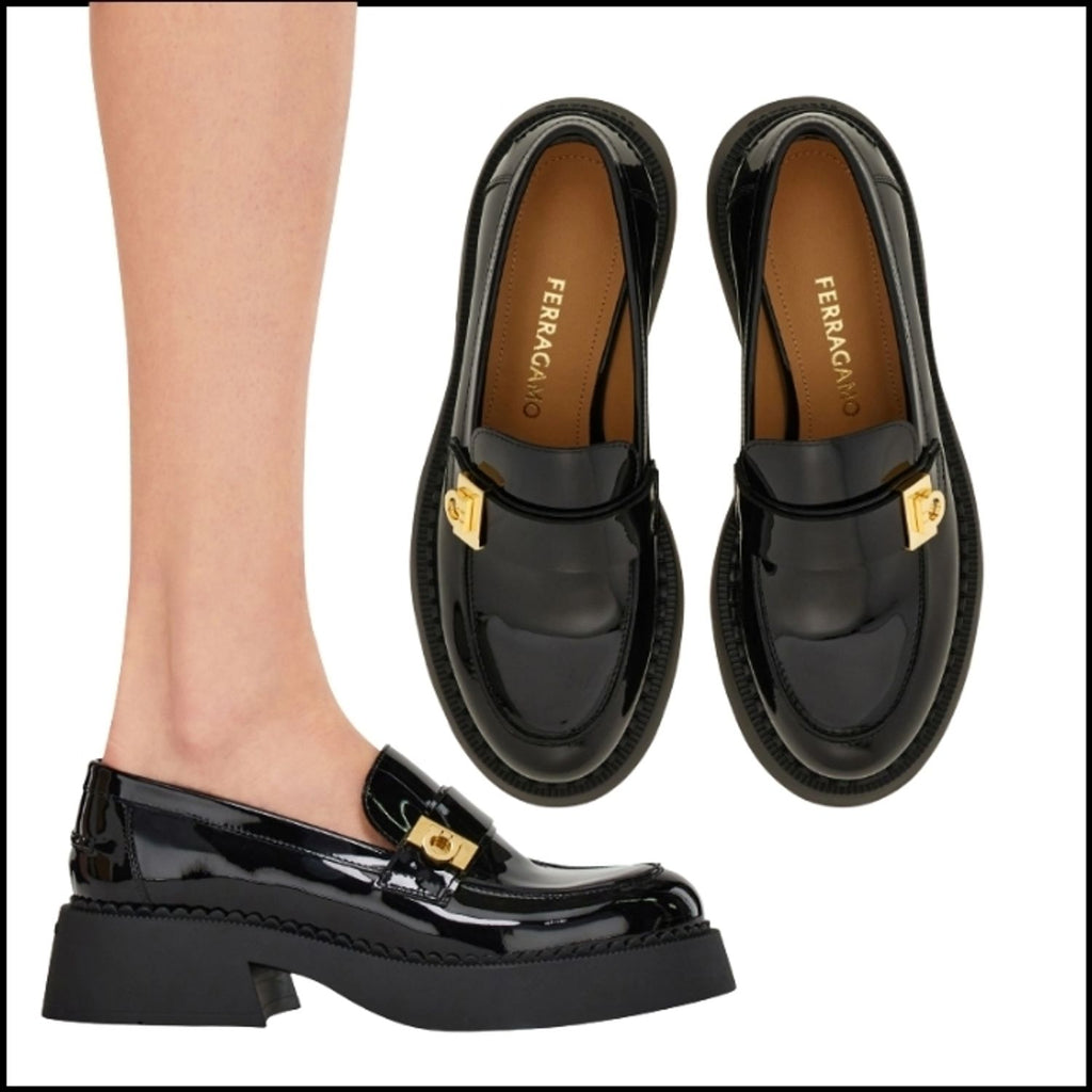 Ferragamo Caminia Patent Gancini Chunky Loafers  9 26.5cm Woman Men