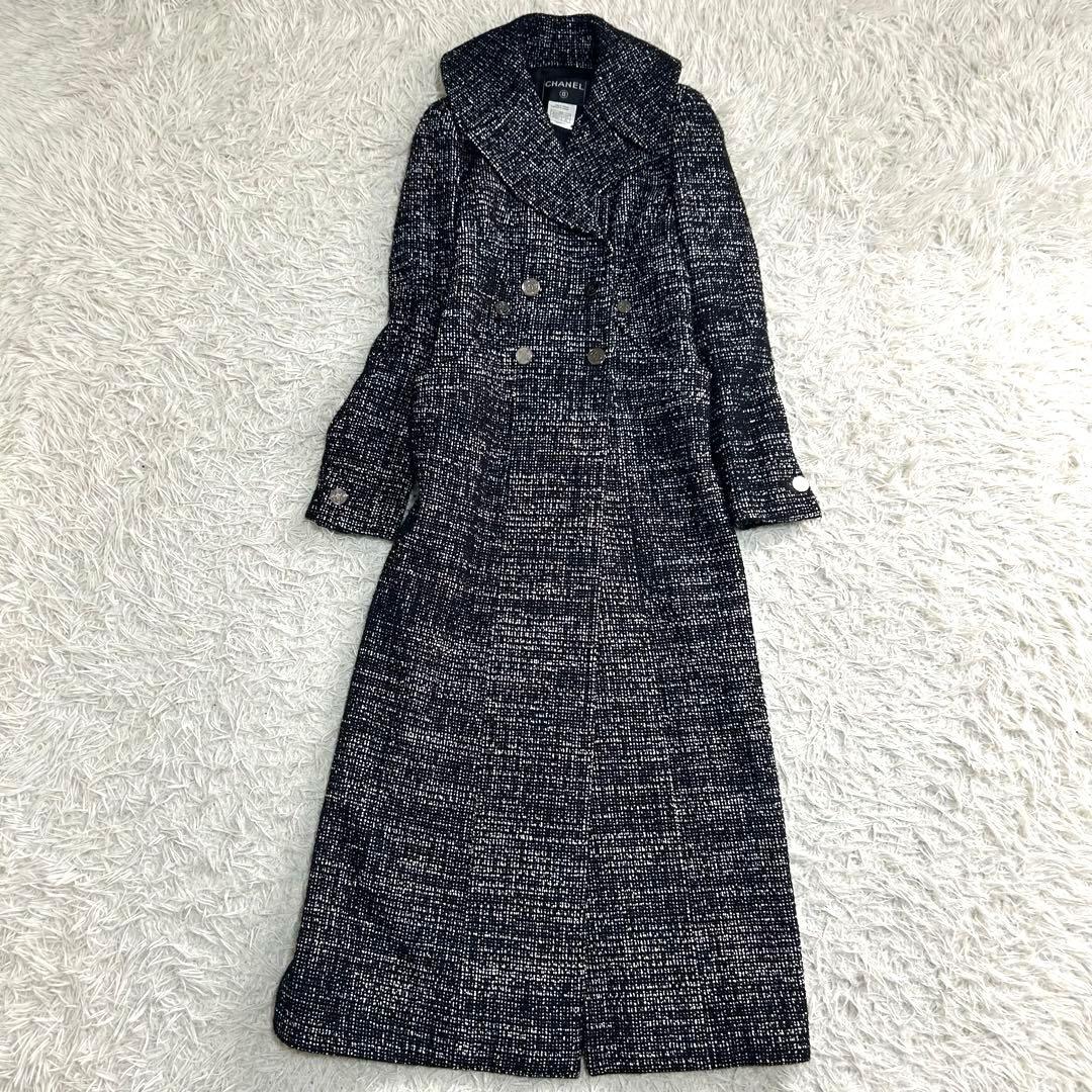 CHANEL Tweed Long Coat Silver CC Logo Buttons Actress Collar Size 36