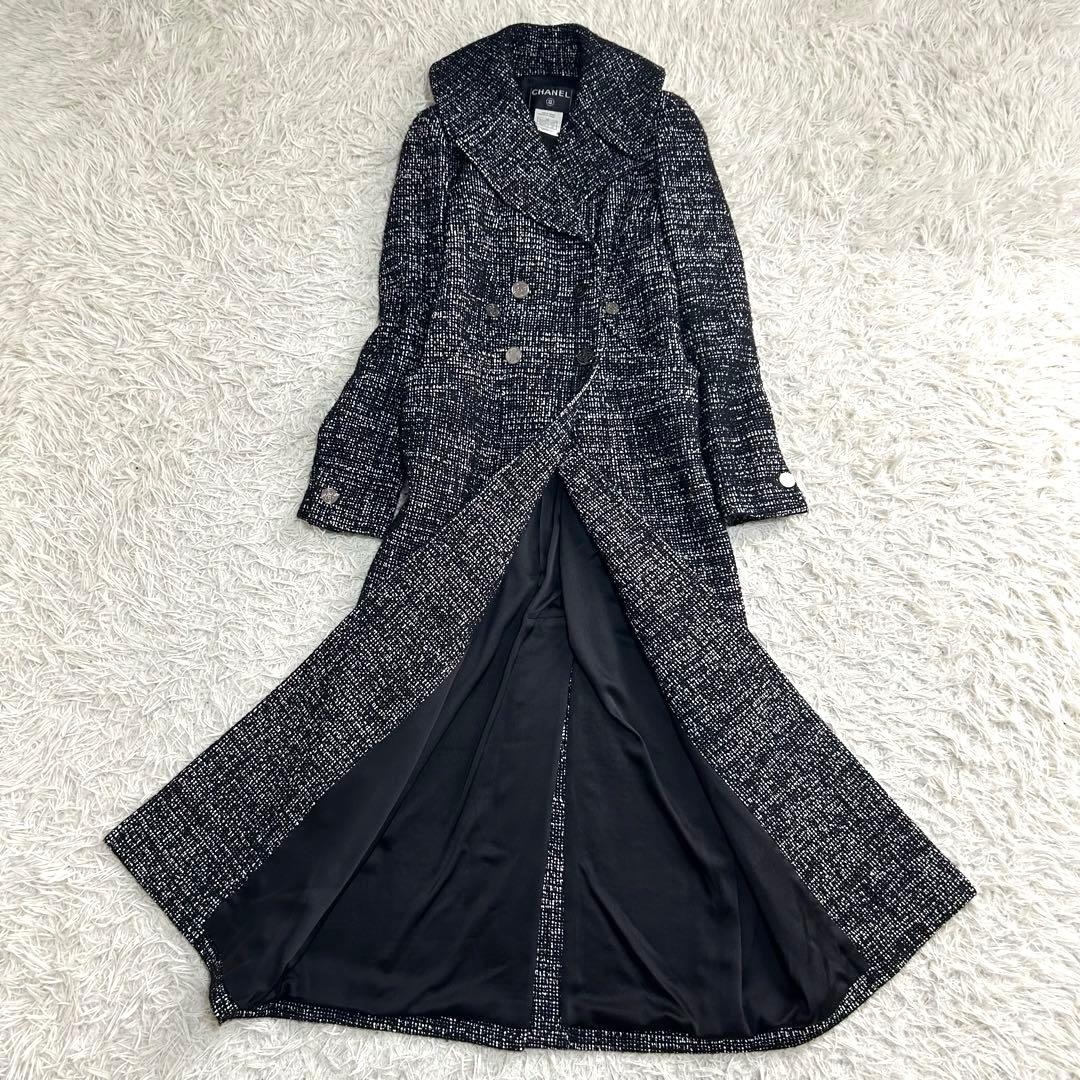 CHANEL Tweed Long Coat Silver CC Logo Buttons Actress Collar Size 36
