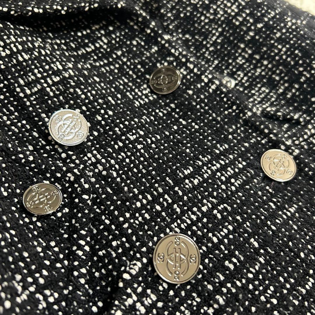 CHANEL Tweed Long Coat Silver CC Logo Buttons Actress Collar Size 36