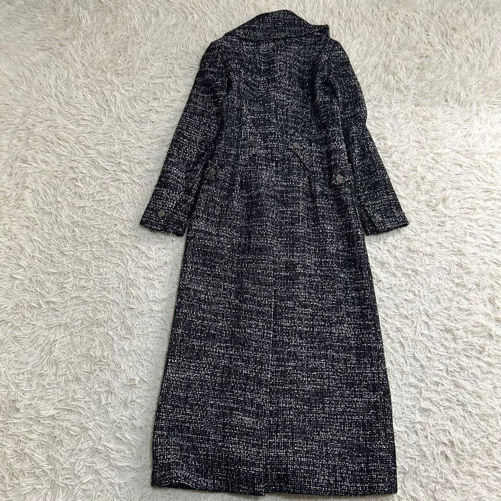 CHANEL Tweed Long Coat Silver CC Logo Buttons Actress Collar Size 36