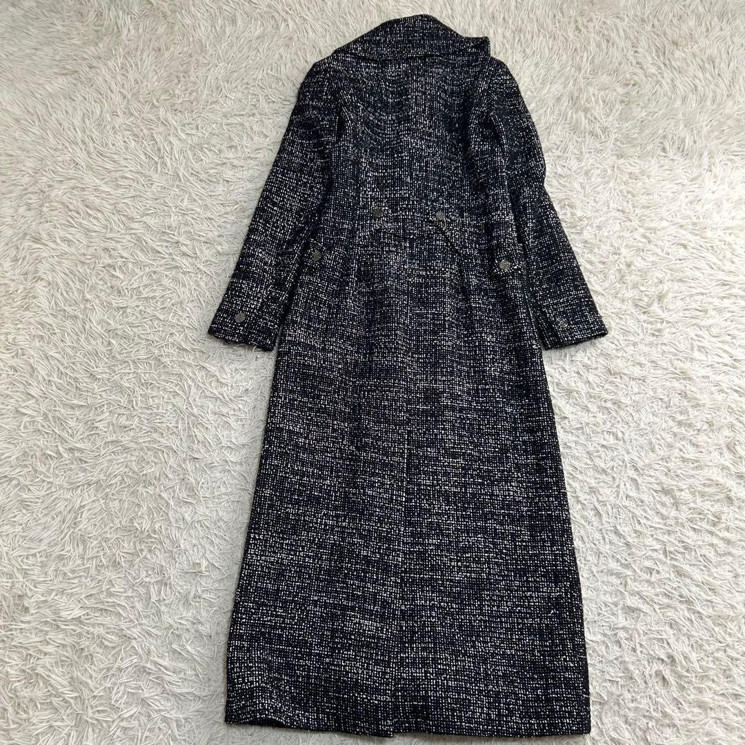 CHANEL Tweed Long Coat Silver CC Logo Buttons Actress Collar Size 36