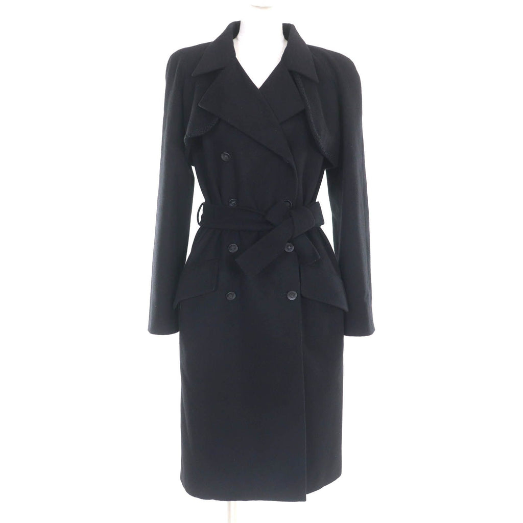 CHANEL Cashmere Belted CC Logo Button Long Coat Black Size 34