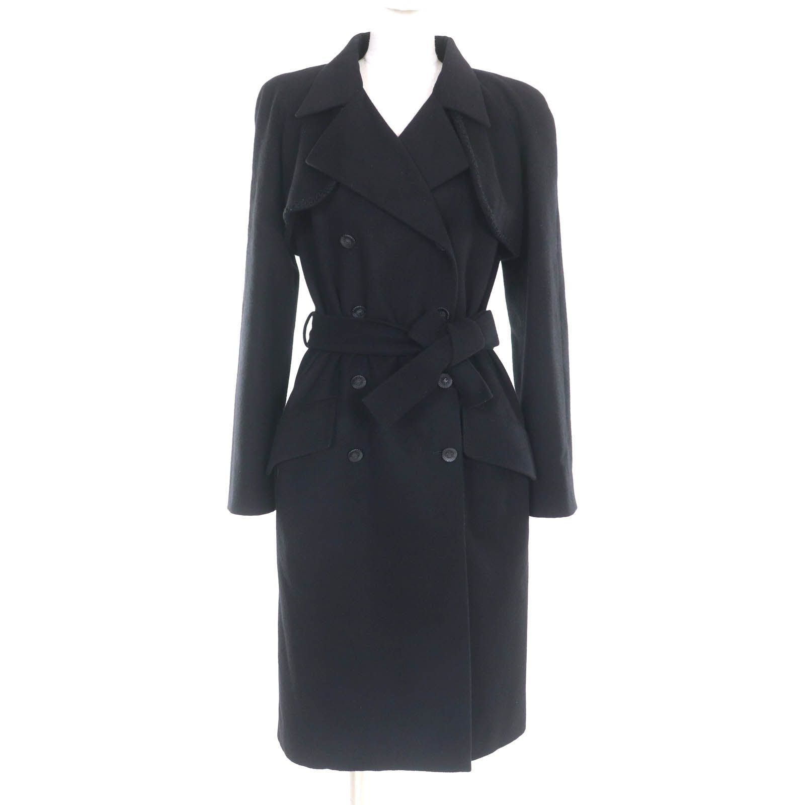 CHANEL Cashmere Belted CC Logo Button Long Coat Black Size 34