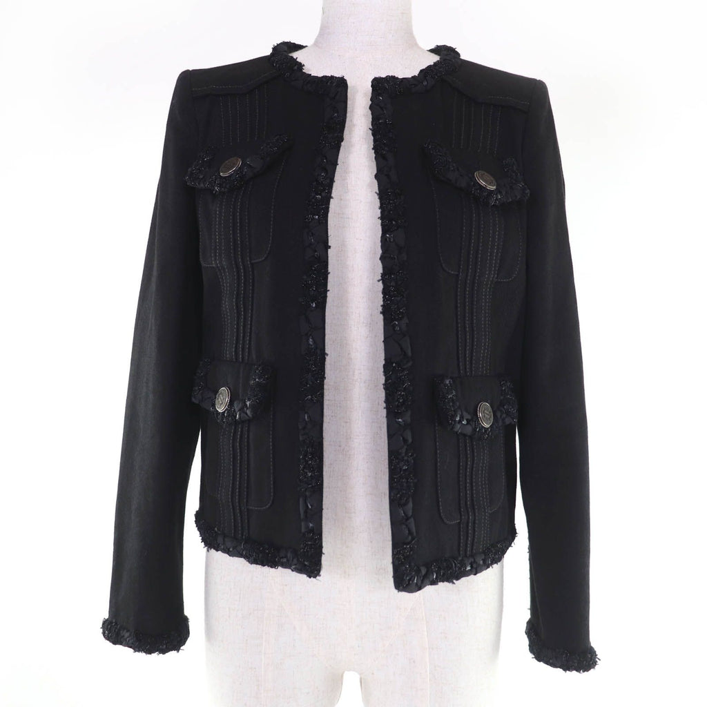 CHANEL Cotton Logo Button Denim Jacket No-Collar Black Size 36