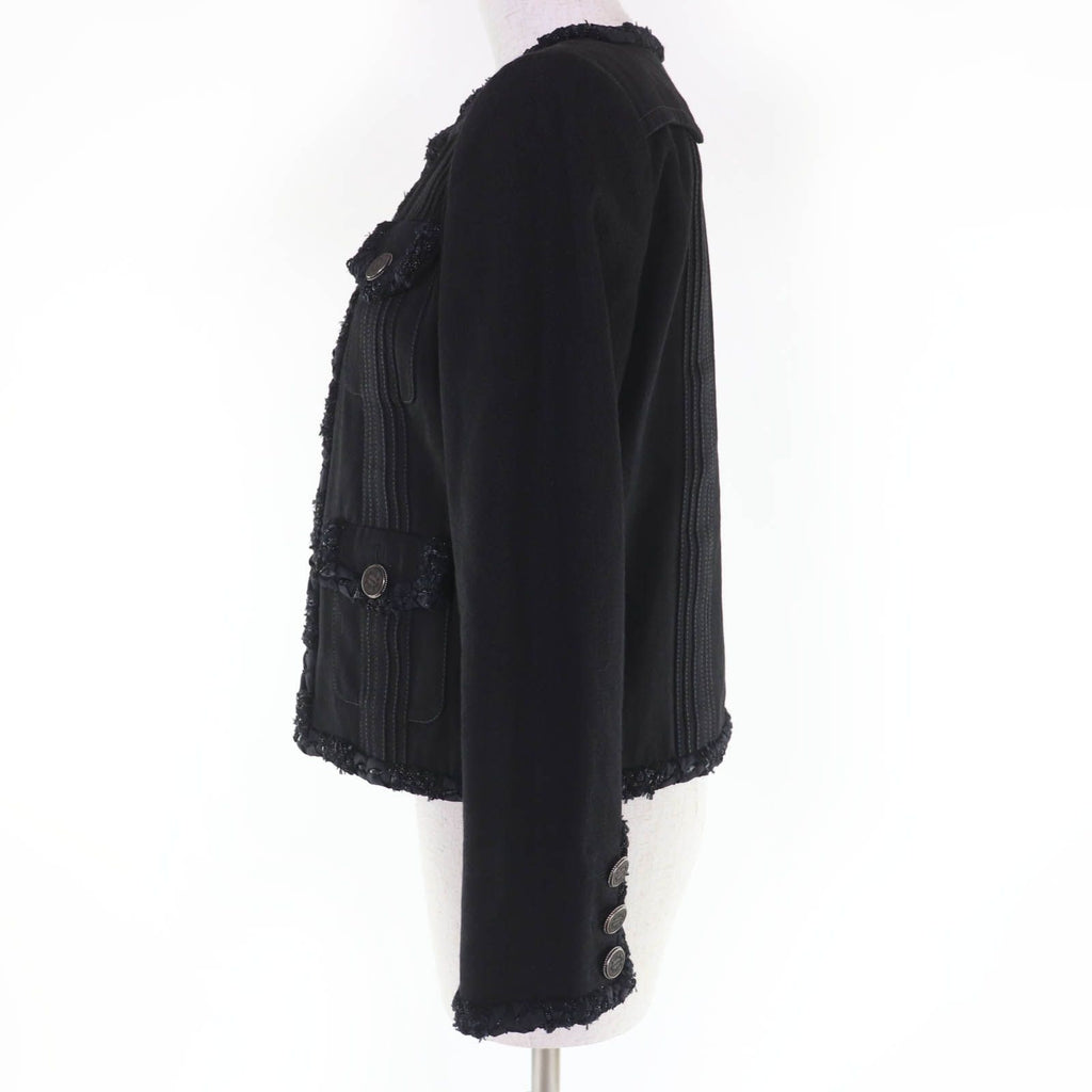 CHANEL Cotton Logo Button Denim Jacket No-Collar Black Size 36