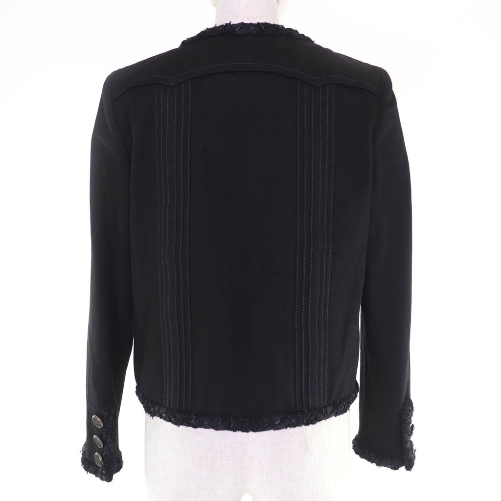 CHANEL Cotton Logo Button Denim Jacket No-Collar Black Size 36