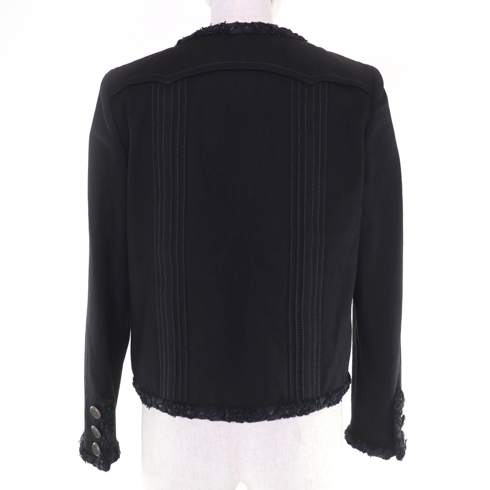 CHANEL Cotton Logo Button Denim Jacket No-Collar Black Size 36