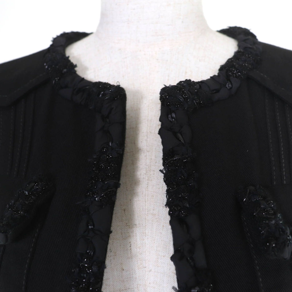 CHANEL Cotton Logo Button Denim Jacket No-Collar Black Size 36
