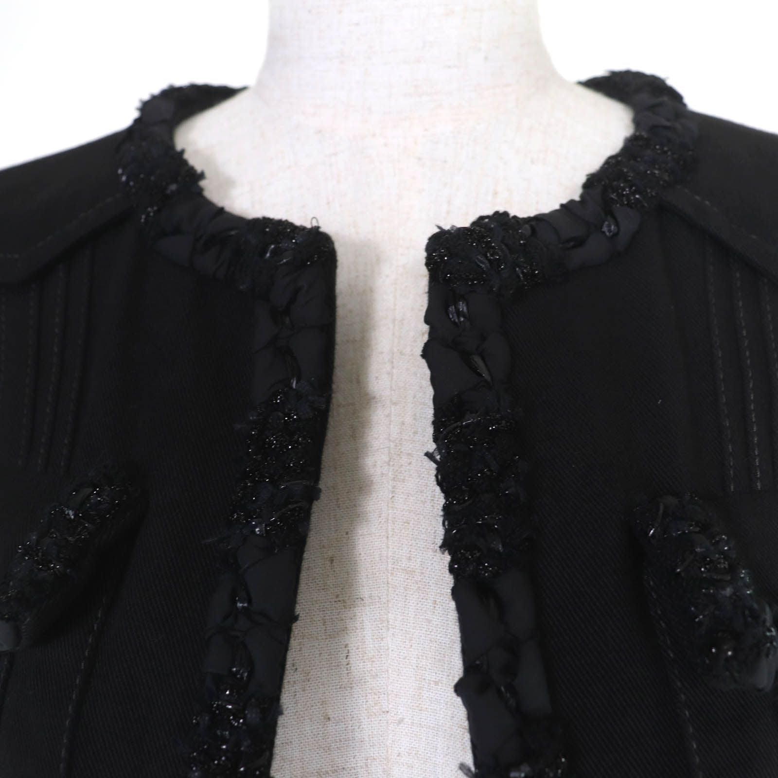 CHANEL Cotton Logo Button Denim Jacket No-Collar Black Size 36