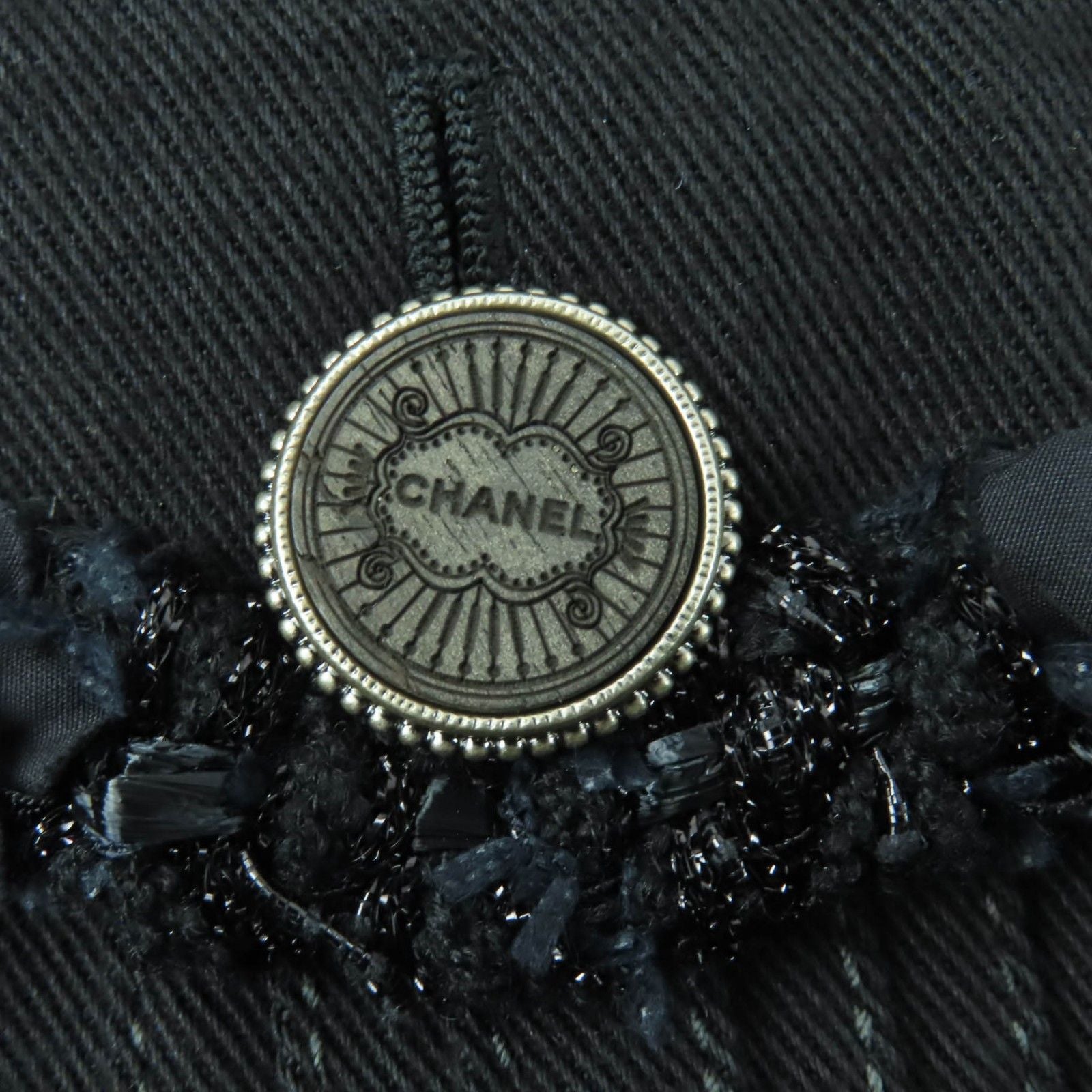 CHANEL Cotton Logo Button Denim Jacket No-Collar Black Size 36