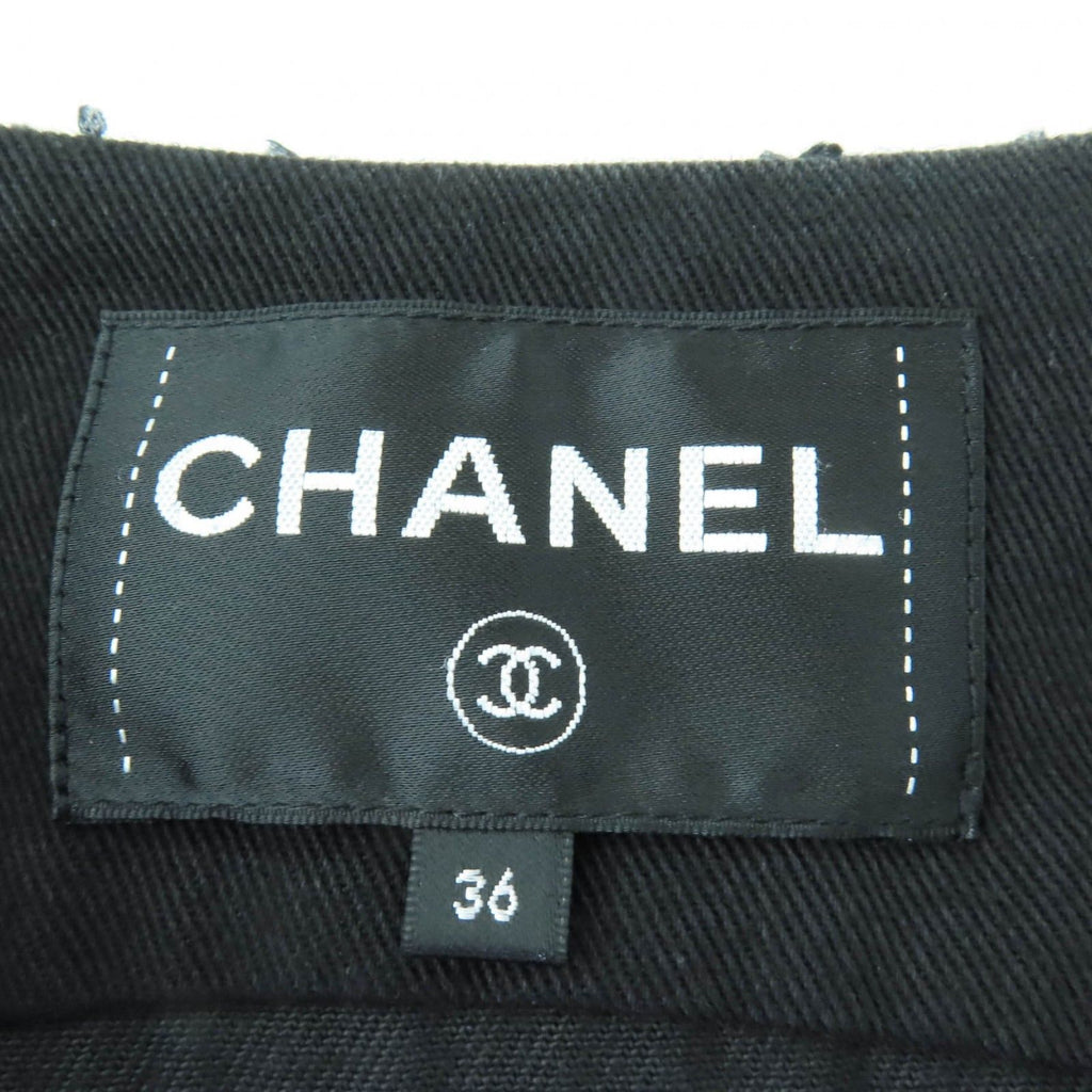 CHANEL Cotton Logo Button Denim Jacket No-Collar Black Size 36