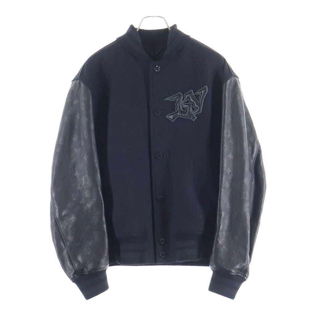LOUIS VUITTON Fall/Winter 2022 Monogram Leather & Wool Varsity Jacket Black Size 46