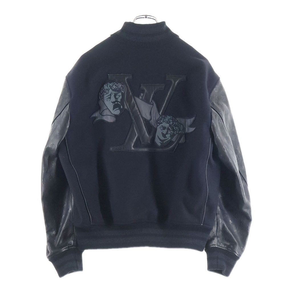 LOUIS VUITTON Fall/Winter 2022 Monogram Leather & Wool Varsity Jacket Black Size 46