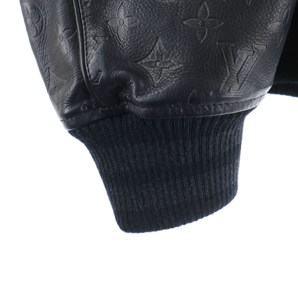 LOUIS VUITTON Fall/Winter 2022 Monogram Leather & Wool Varsity Jacket Black Size 46