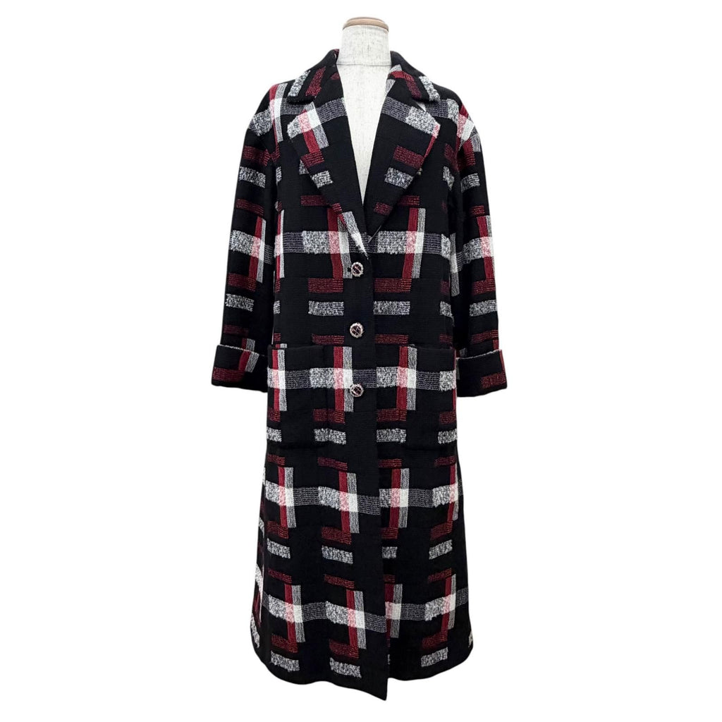 CHANEL CC Button Patterned Wool Long Coat Black & Red Size 34