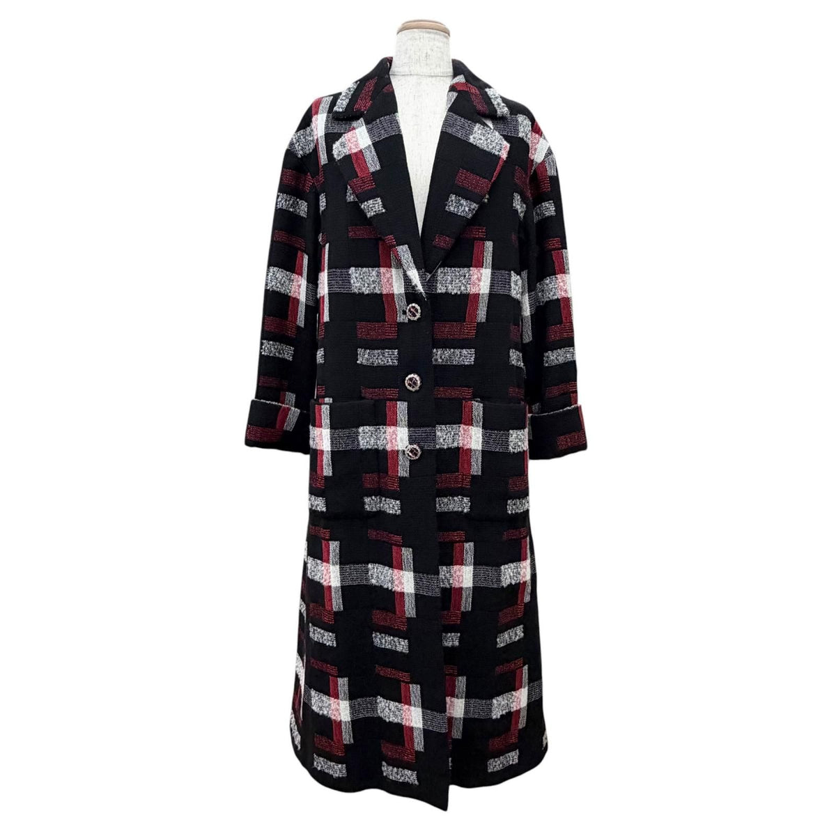 CHANEL CC Button Patterned Wool Long Coat Black & Red Size 34