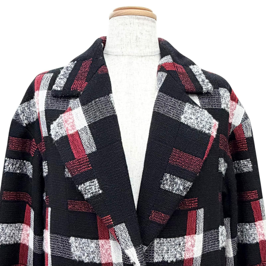 CHANEL CC Button Patterned Wool Long Coat Black & Red Size 34