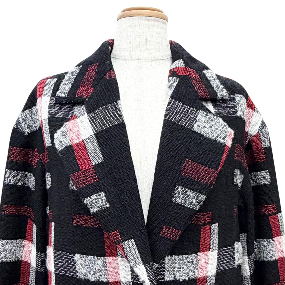 CHANEL CC Button Patterned Wool Long Coat Black & Red Size 34