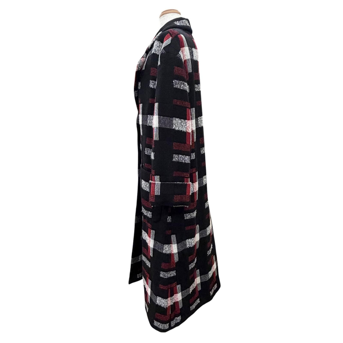 CHANEL CC Button Patterned Wool Long Coat Black & Red Size 34