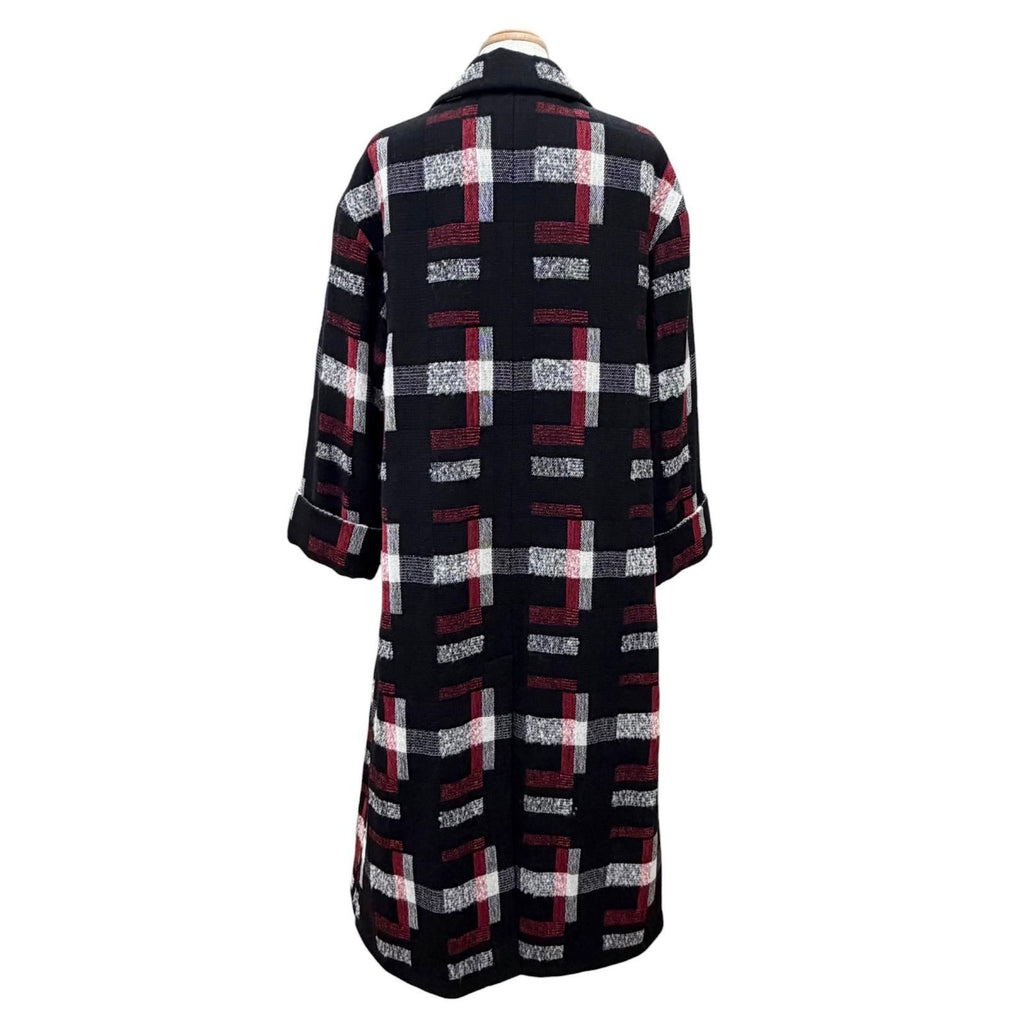 CHANEL CC Button Patterned Wool Long Coat Black & Red Size 34