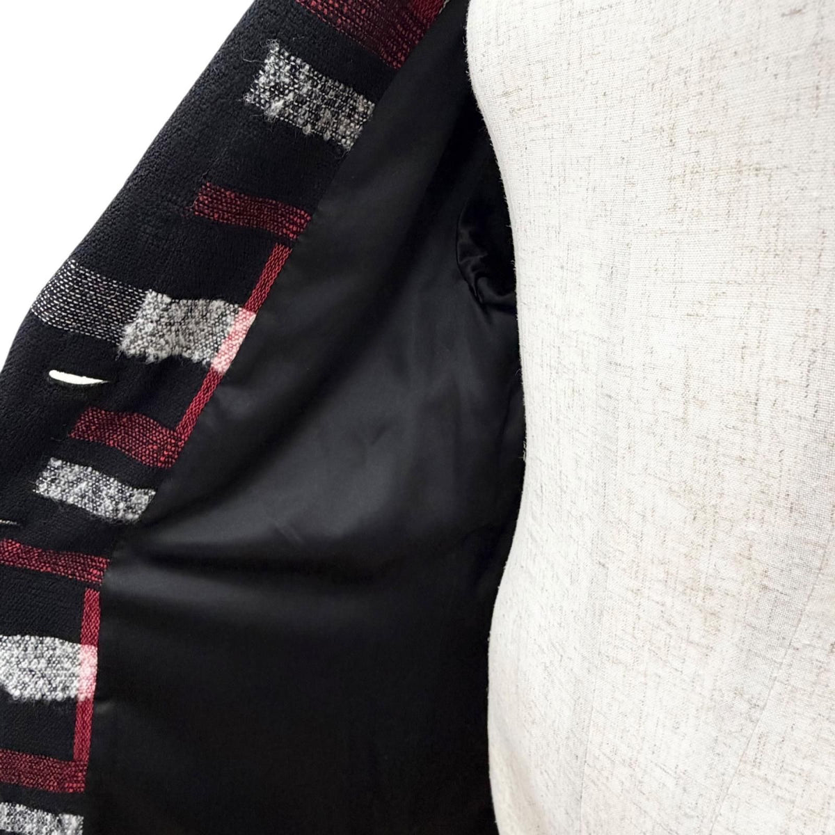 CHANEL CC Button Patterned Wool Long Coat Black & Red Size 34