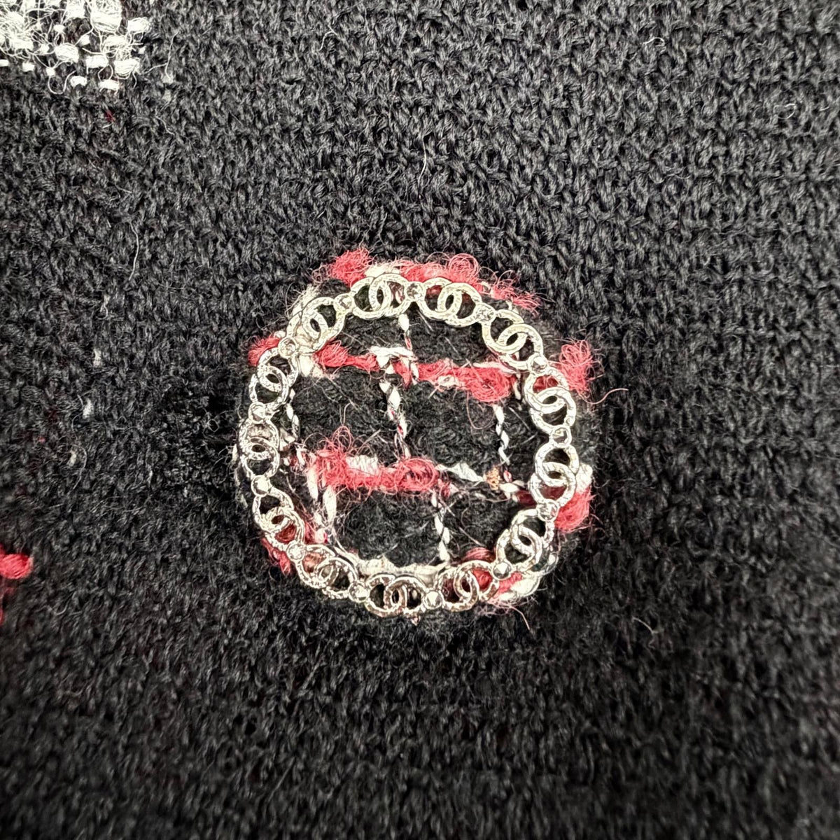 CHANEL CC Button Patterned Wool Long Coat Black & Red Size 34