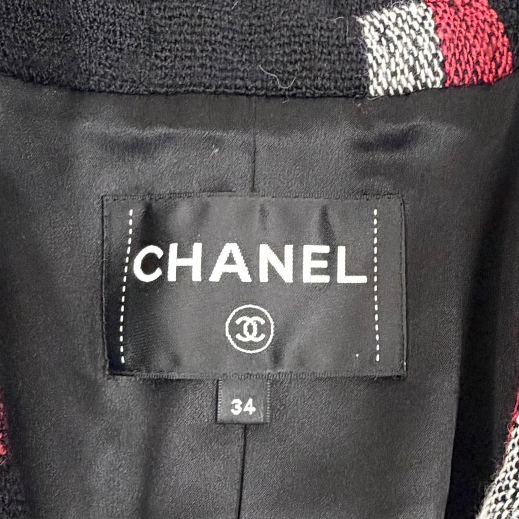 CHANEL CC Button Patterned Wool Long Coat Black & Red Size 34