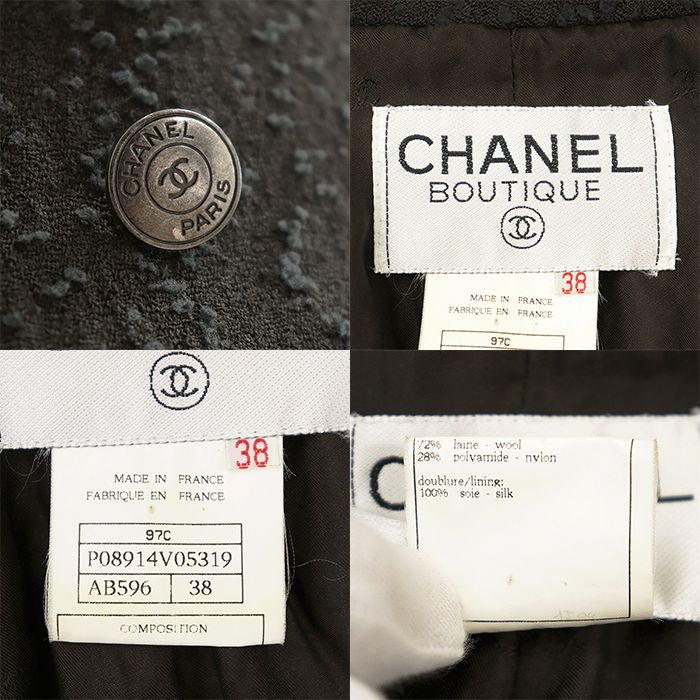 CHANEL 97C Vintage Double-Breasted Tweed Jacket & Skirt Set Charcoal Size 38