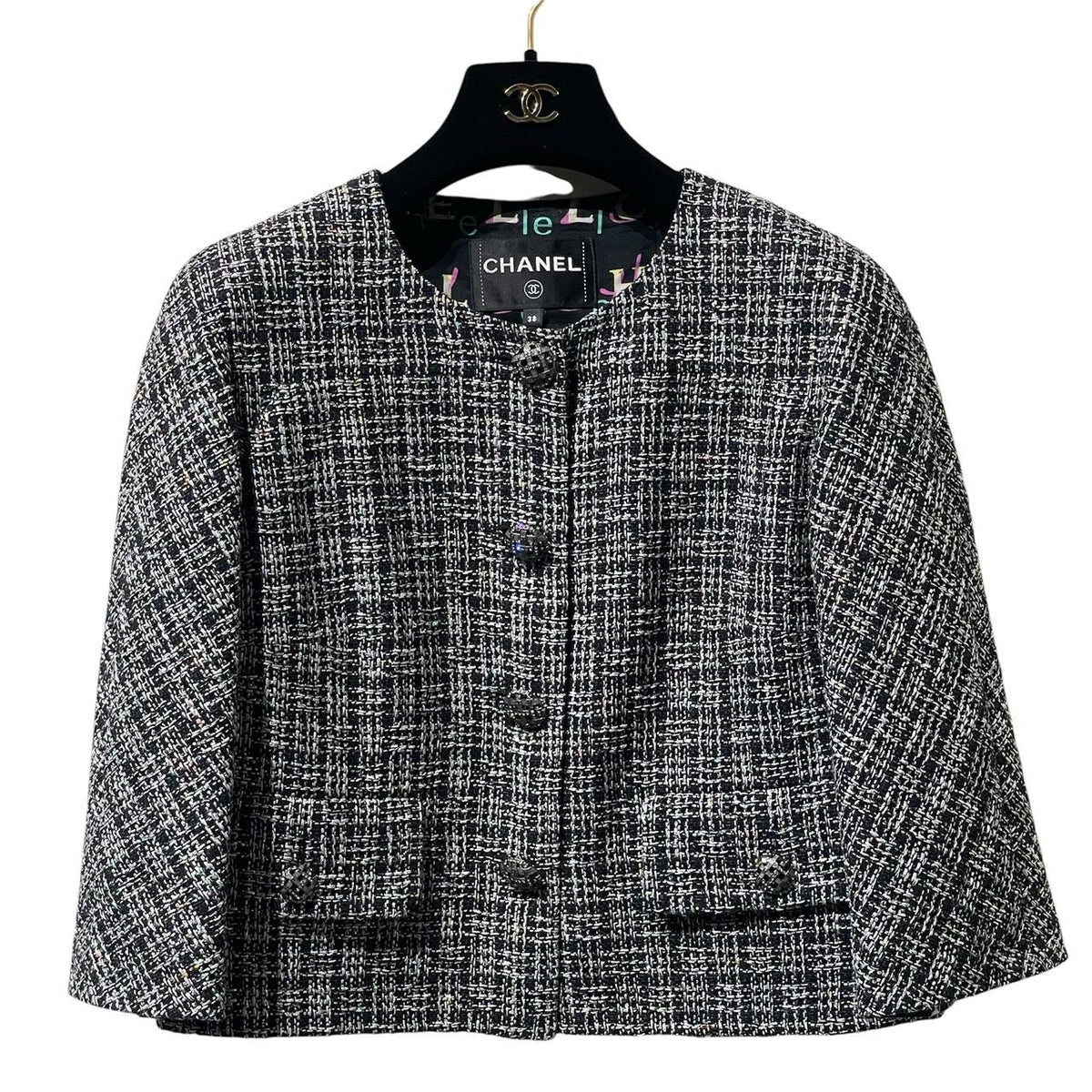 CHANEL Black & Silver Metallic Tweed Collarless Jacket Size 38