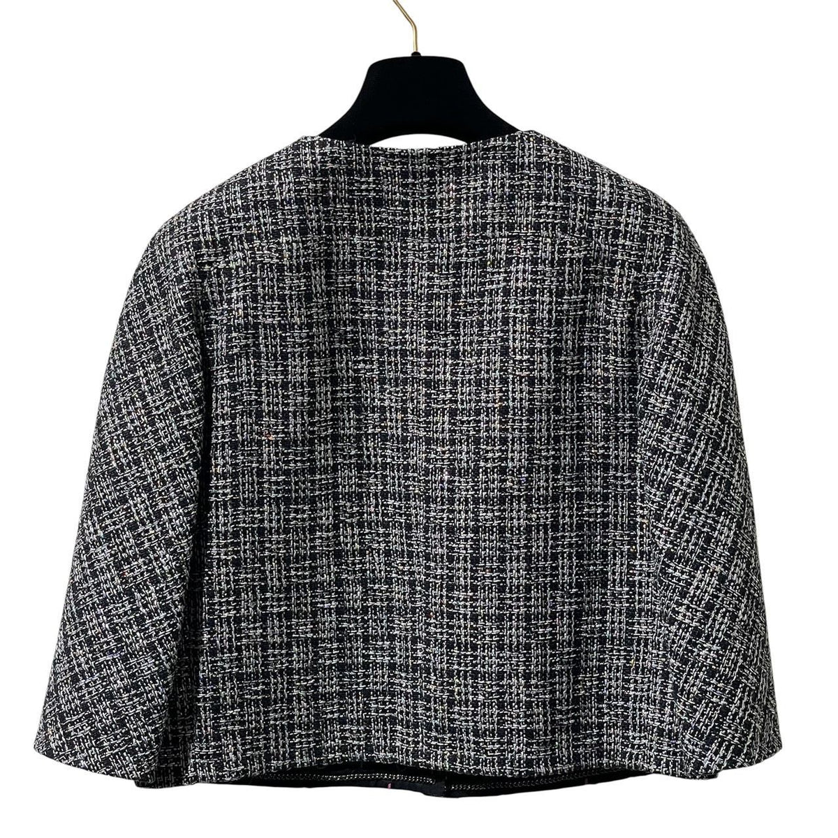 CHANEL Black & Silver Metallic Tweed Collarless Jacket Size 38