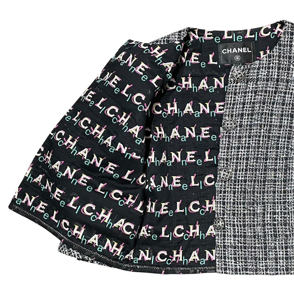 CHANEL Black & Silver Metallic Tweed Collarless Jacket Size 38