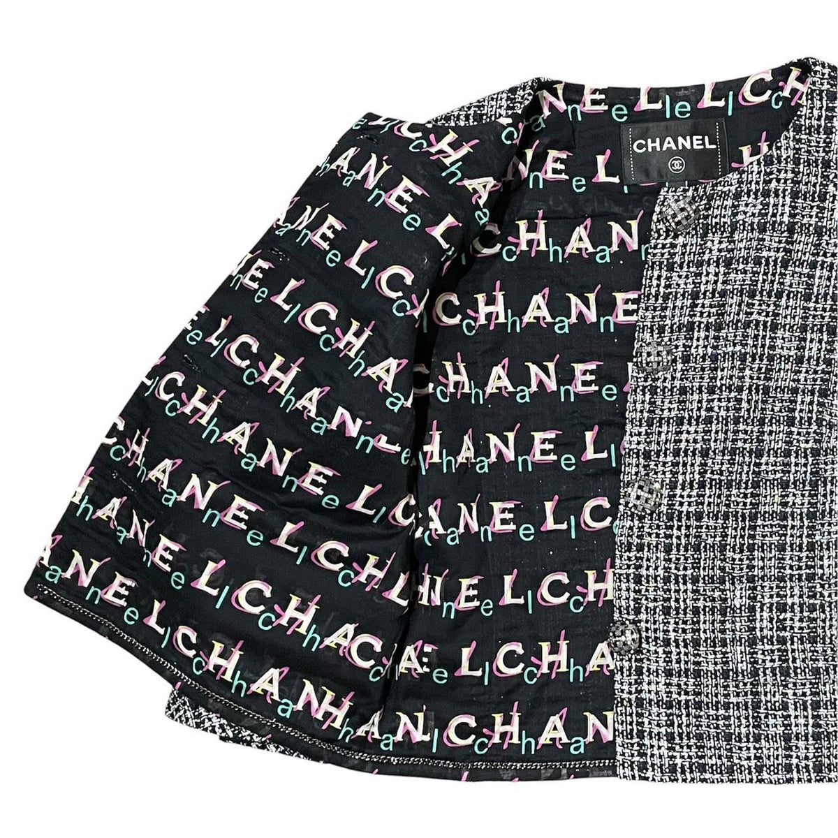 CHANEL Black & Silver Metallic Tweed Collarless Jacket Size 38