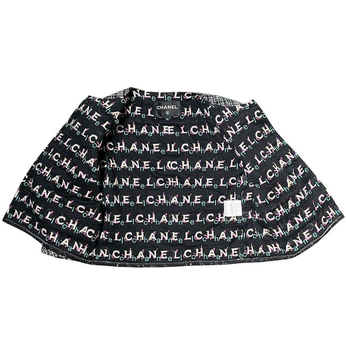 CHANEL Black & Silver Metallic Tweed Collarless Jacket Size 38