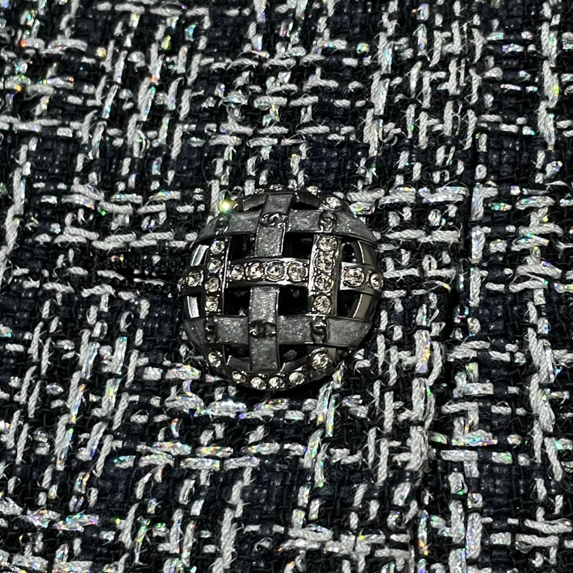 CHANEL Black & Silver Metallic Tweed Collarless Jacket Size 38