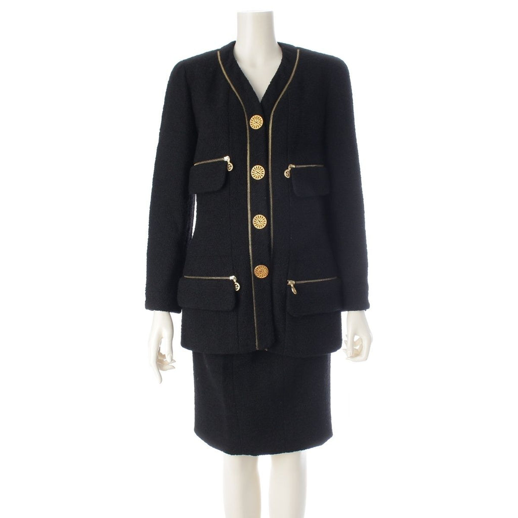 CHANEL Vintage CC Zip Wool Tweed Jacket & Skirt Set Black Size 36