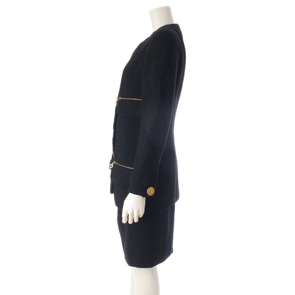 CHANEL Vintage CC Zip Wool Tweed Jacket & Skirt Set Black Size 36