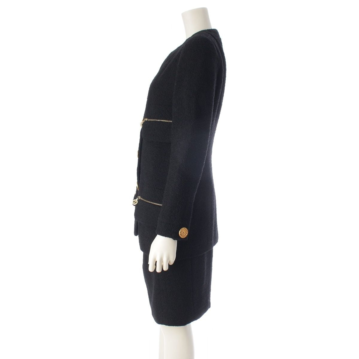 CHANEL Vintage CC Zip Wool Tweed Jacket & Skirt Set Black Size 36