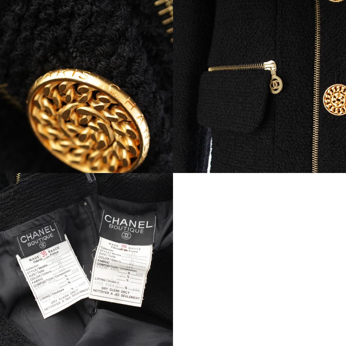 CHANEL Vintage CC Zip Wool Tweed Jacket & Skirt Set Black Size 36