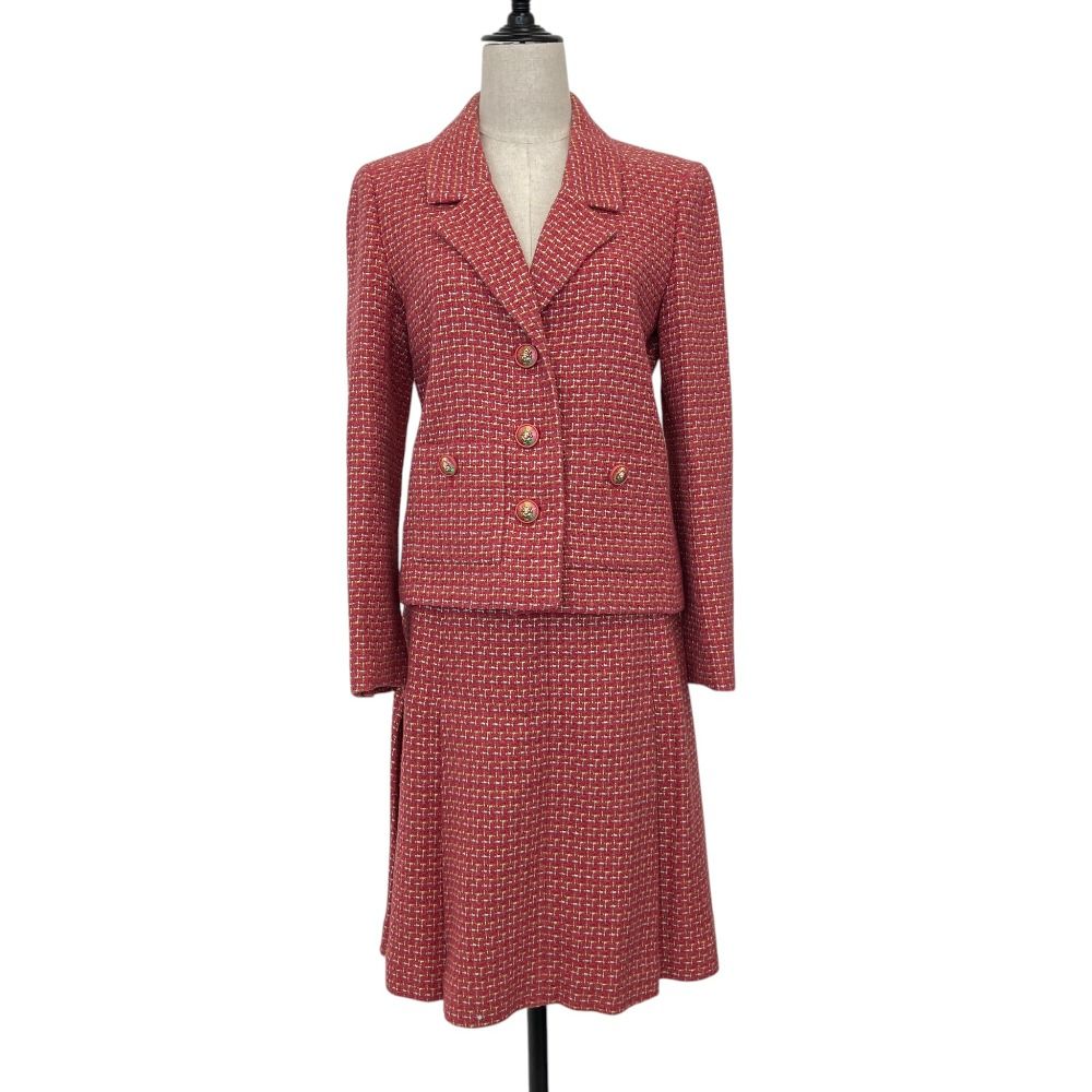 CHANEL Lion Button Tweed Jacket & Skirt Set Pink Multicolor Size 38