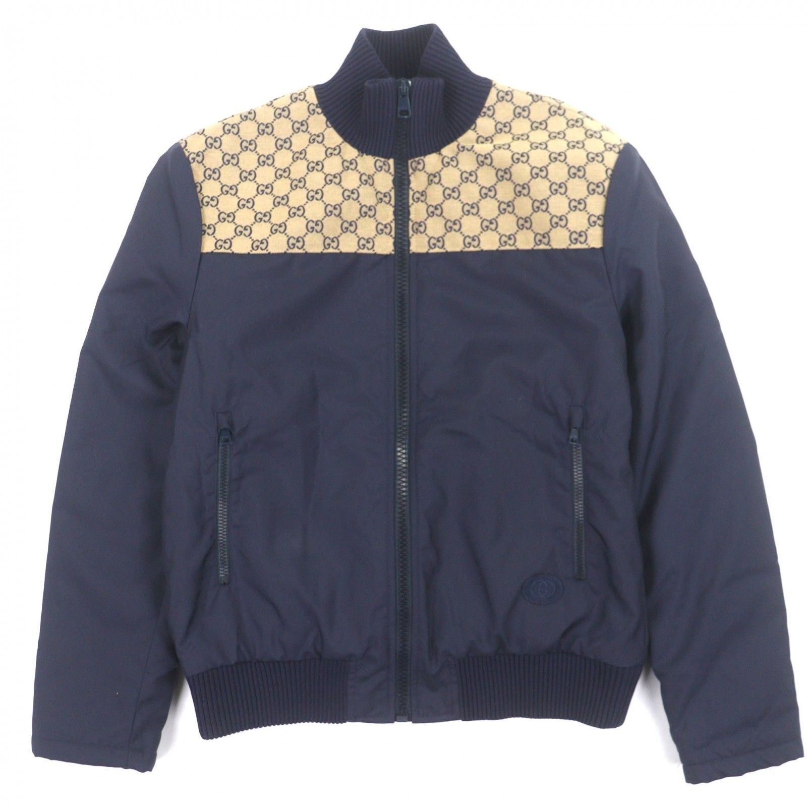 GUCCI 24SS GG Canvas Logo Patch Padded Zip-Up Blouson Navy Beige Size 50