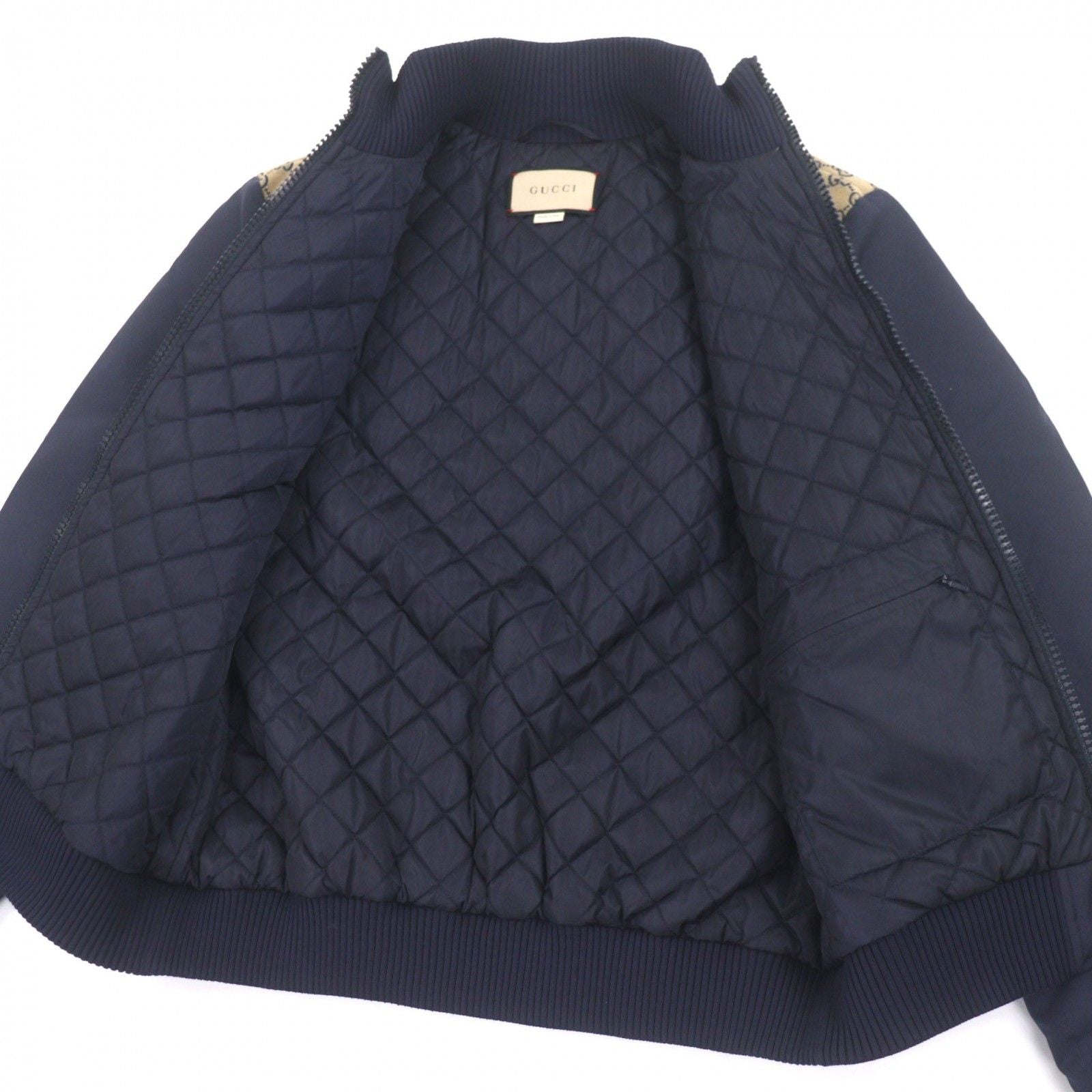 GUCCI 24SS GG Canvas Logo Patch Padded Zip-Up Blouson Navy Beige Size 50