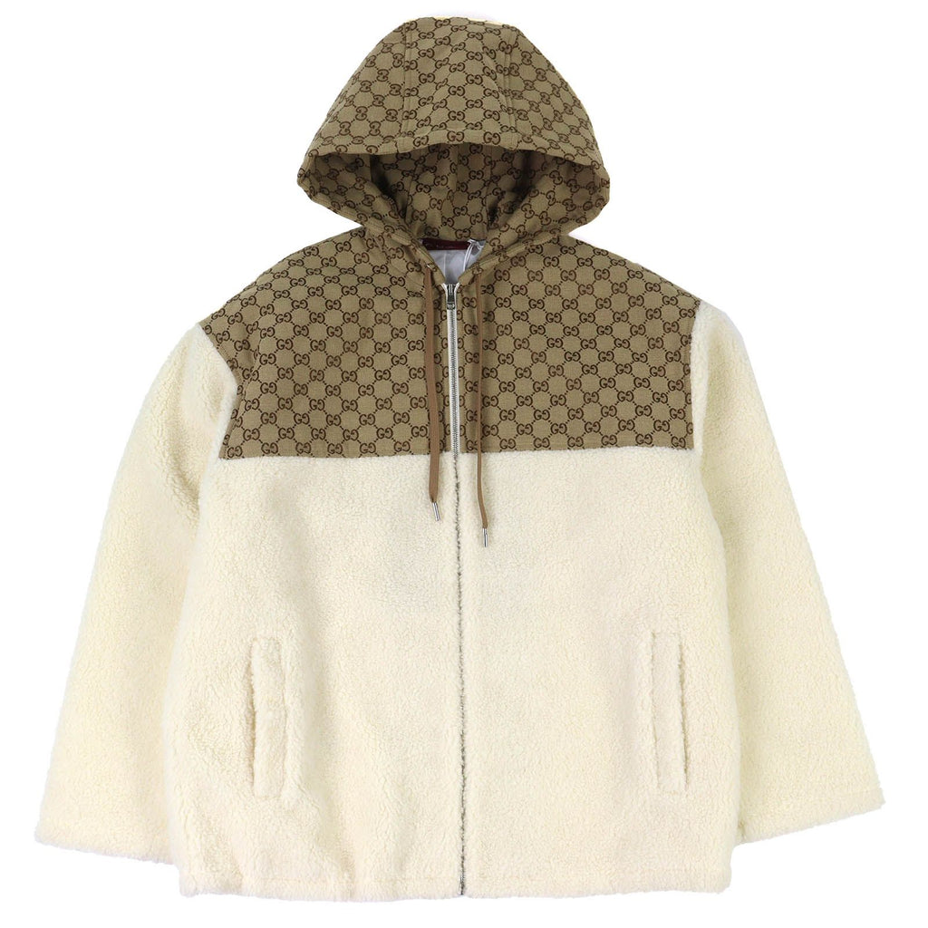 NWT GUCCI 24AW GGインターシャ フーデッドジップアップ ウールフリースジャケット アイボリーベージュ サイズM