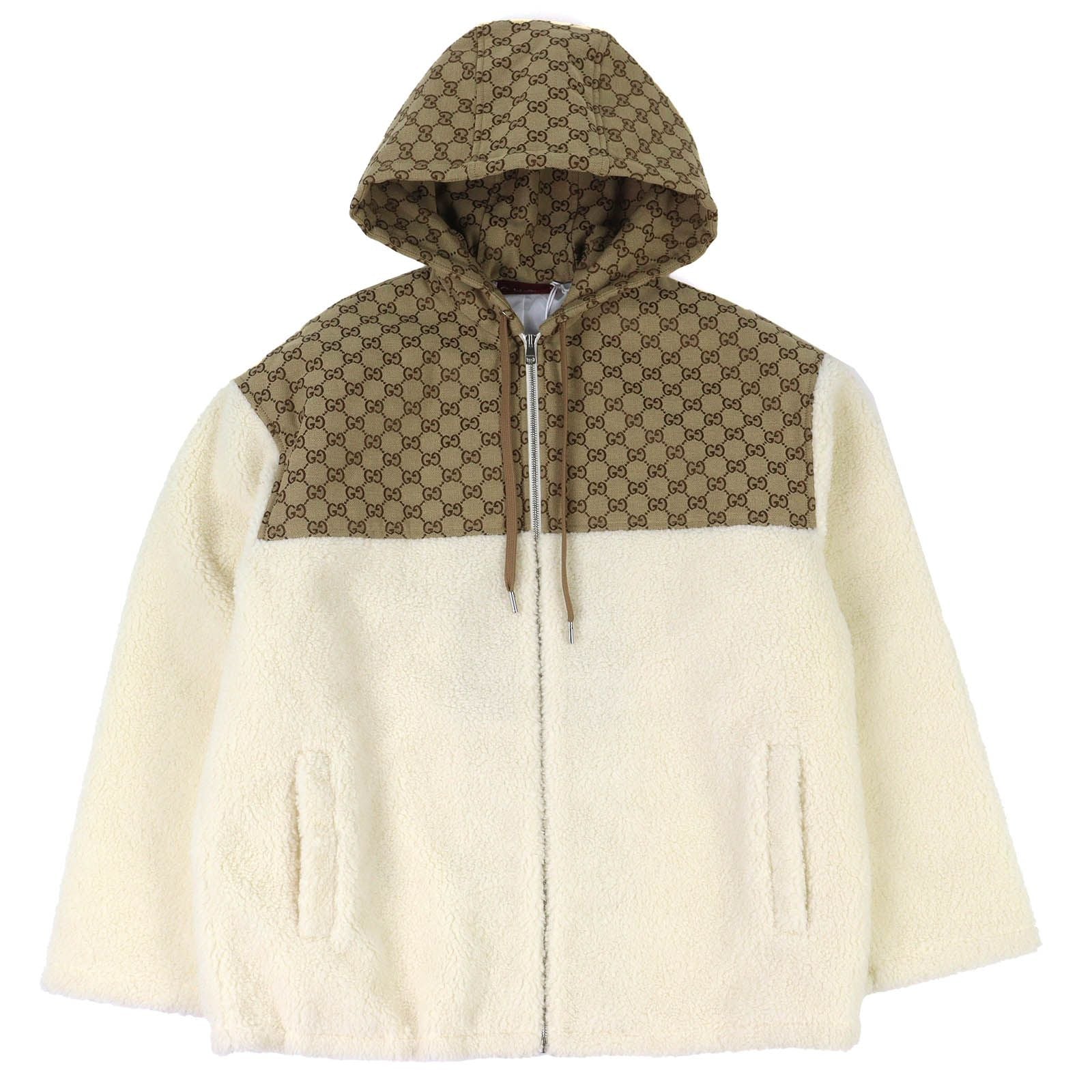 NWT GUCCI 24AW GGインターシャ フーデッドジップアップ ウールフリースジャケット アイボリーベージュ サイズM