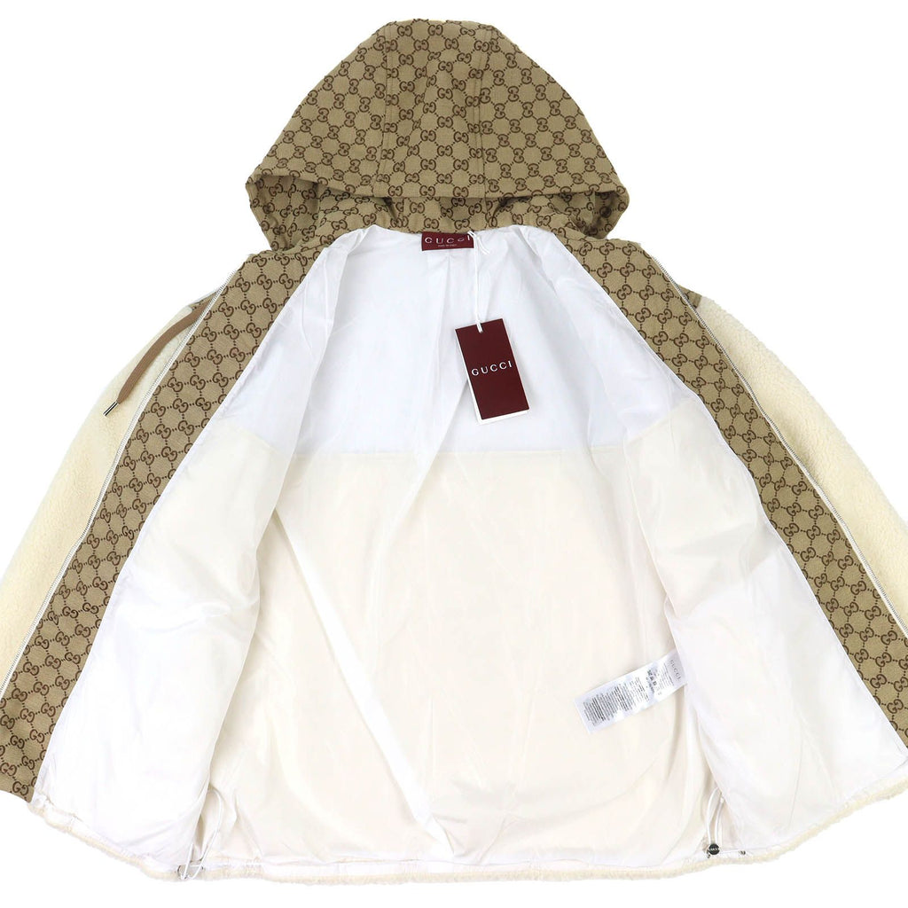 NWT GUCCI 24AW GGインターシャ フーデッドジップアップ ウールフリースジャケット アイボリーベージュ サイズM