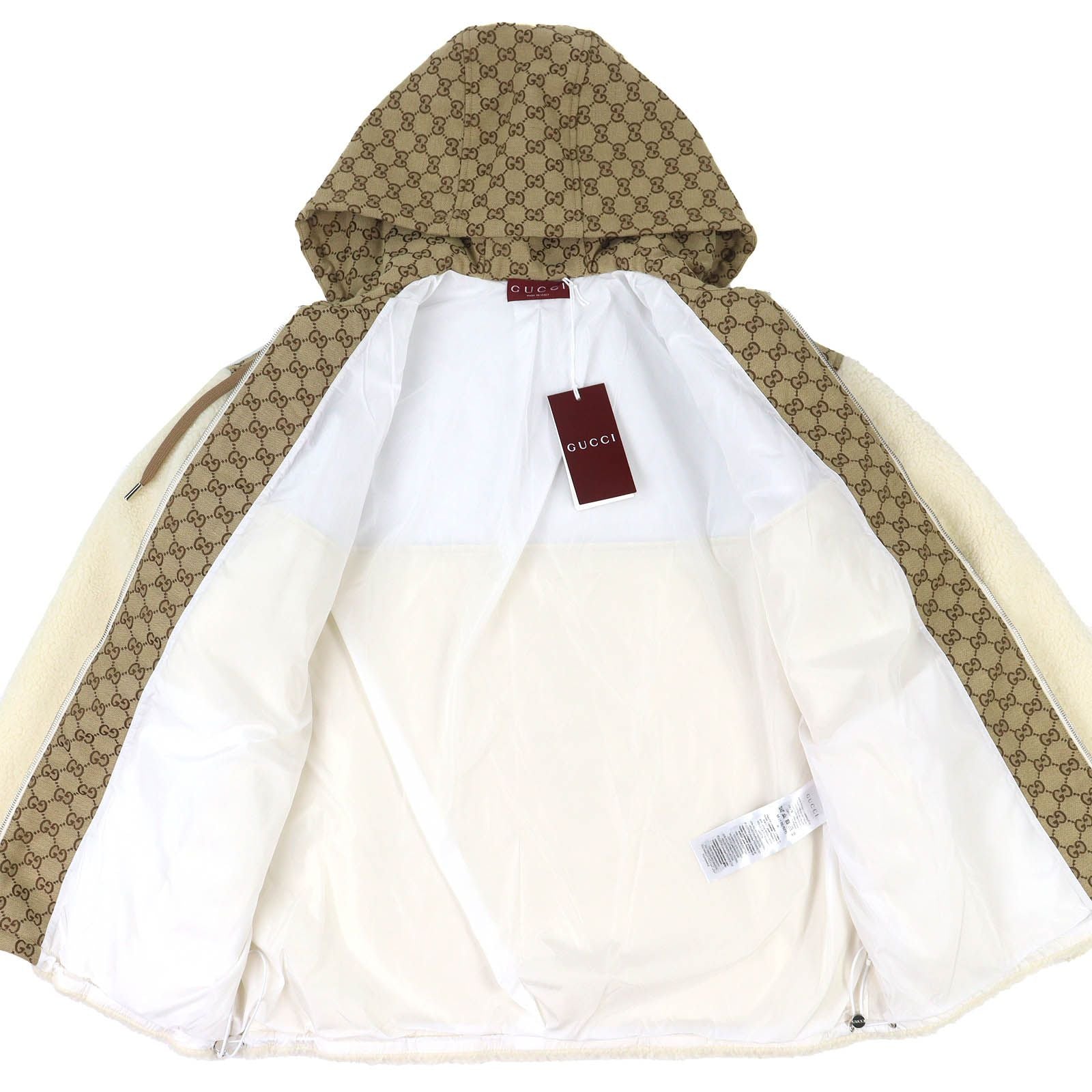 NWT GUCCI 24AW GGインターシャ フーデッドジップアップ ウールフリースジャケット アイボリーベージュ サイズM