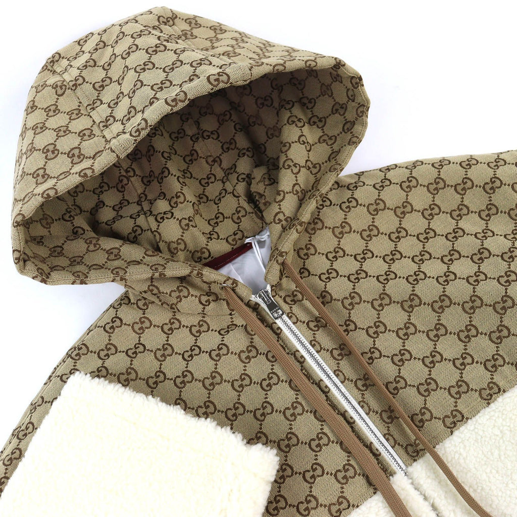 NWT GUCCI 24AW GGインターシャ フーデッドジップアップ ウールフリースジャケット アイボリーベージュ サイズM
