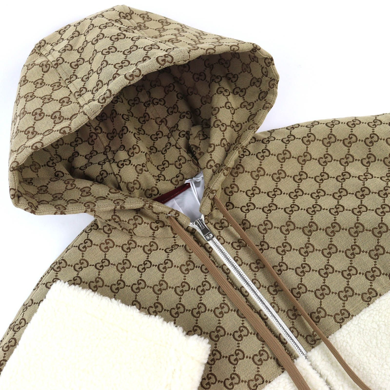 NWT GUCCI 24AW GGインターシャ フーデッドジップアップ ウールフリースジャケット アイボリーベージュ サイズM